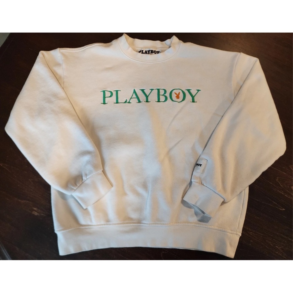 PLAYBOY White Crewneck Sweater with Green Logo